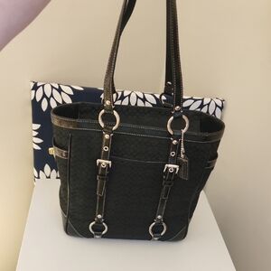 Coach Gallery Tote Shoulder Bag Signature Black Jacquard Patent Leather Silver